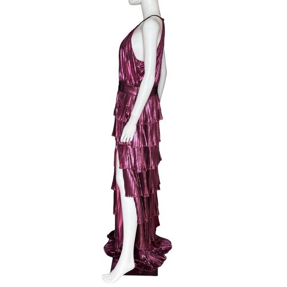Mac Duggal Rose High Neck Pleated Tiered Ruffle Metallic Gown Women’s Sz 10 - Picture 4 of 9